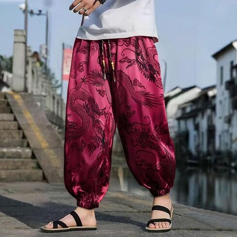 HZCX FASHION Mens Womens Harem Pants Dragon Aladdin Pant Baggy Joggers Kung Fu Hanfu Tai Chi Yoga Pants Loose Trousers in Saudi Arabia
