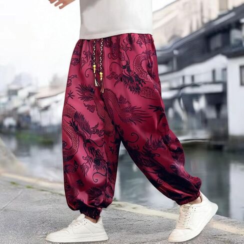 HZCX FASHION Mens Womens Harem Pants Dragon Aladdin Pant Baggy Joggers Kung Fu Hanfu Tai Chi Yoga Pants Loose Trousers in Saudi Arabia