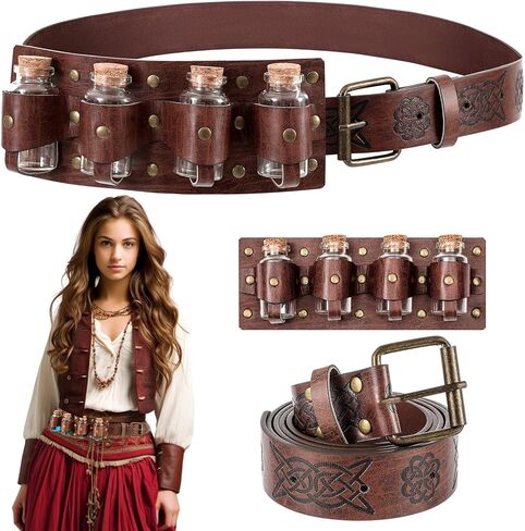 Geyoga 3 Pcs Renaissance Belt Potion Belt Ren Faire Costume Accessories Medieval Alchemy Belt Pouch Faux Leather Belt Bag with 4 Cork Vials Halloween Cosplay Accessories Wizard for Women Men Brown in Saudi Arabia