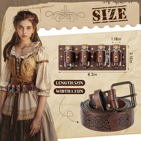Geyoga 3 Pcs Renaissance Belt Potion Belt Ren Faire Costume Accessories Medieval Alchemy Belt Pouch Faux Leather Belt Bag with 4 Cork Vials Halloween Cosplay Accessories Wizard for Women Men Brown in Saudi Arabia