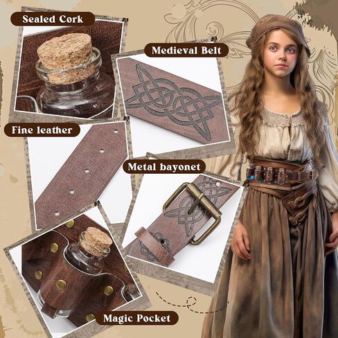 Geyoga 3 Pcs Renaissance Belt Potion Belt Ren Faire Costume Accessories Medieval Alchemy Belt Pouch Faux Leather Belt Bag with 4 Cork Vials Halloween Cosplay Accessories Wizard for Women Men Brown in Saudi Arabia