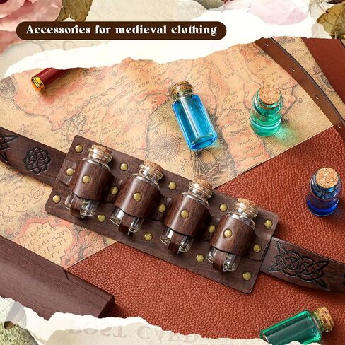 Geyoga 3 Pcs Renaissance Belt Potion Belt Ren Faire Costume Accessories Medieval Alchemy Belt Pouch Faux Leather Belt Bag with 4 Cork Vials Halloween Cosplay Accessories Wizard for Women Men Brown in Saudi Arabia
