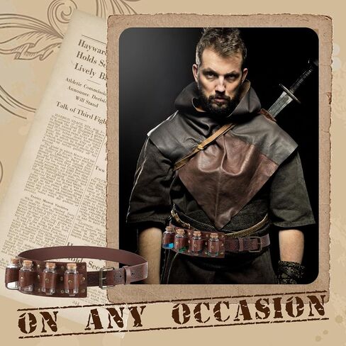 Geyoga 3 Pcs Renaissance Belt Potion Belt Ren Faire Costume Accessories Medieval Alchemy Belt Pouch Faux Leather Belt Bag with 4 Cork Vials Halloween Cosplay Accessories Wizard for Women Men Brown in Saudi Arabia