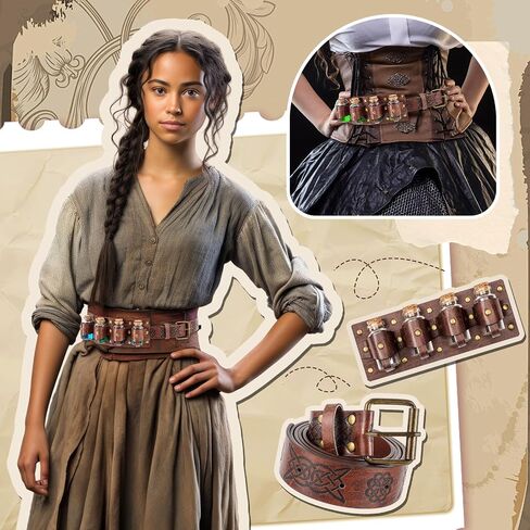 Geyoga 3 Pcs Renaissance Belt Potion Belt Ren Faire Costume Accessories Medieval Alchemy Belt Pouch Faux Leather Belt Bag with 4 Cork Vials Halloween Cosplay Accessories Wizard for Women Men Brown in Saudi Arabia