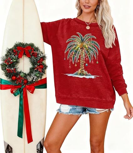 LLHXRUI Christmas Palm Tree Sweatshirt Women Casual Hawaiian Christmas Shirt Long Sleeve Tropical Beach Christmas Clothes Top in Kuwait