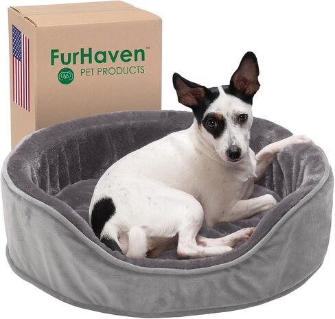 Furhaven Orthopedic Dog Bed for Medium/Small Dogs w/ Removable Washable Cover, For Dogs Up to 18 lbs - Sherpa & Suede Oval Lounger - Gray, Medium in Saudi Arabia