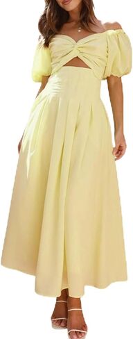 Women's Summer Off The Shoulder Dresses Puff Sleeve Twist Front Cut Out A-Line Dress Casual Maxi Dress with Pockets in Kuwait