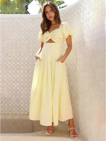 Women's Summer Off The Shoulder Dresses Puff Sleeve Twist Front Cut Out A-Line Dress Casual Maxi Dress with Pockets in Kuwait
