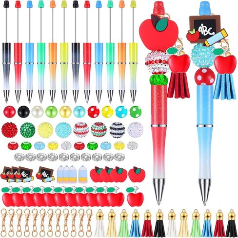 Jutom 12 Pcs Plastic Beadable Pens with 50 Pcs Colorful Beads 12 Tassels 12 Pendants Assorted Colors Bead Pens for DIY Making Kit for Pens Beaded Pens for Office (Baseball) in Saudi Arabia