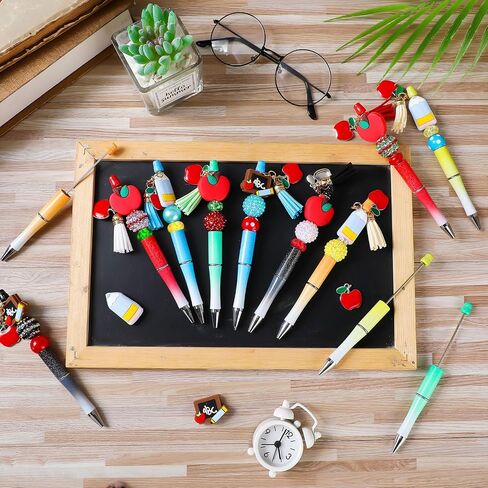 Jutom 12 Pcs Plastic Beadable Pens with 50 Pcs Colorful Beads 12 Tassels 12 Pendants Assorted Colors Bead Pens for DIY Making Kit for Pens Beaded Pens for Office (Baseball) in Saudi Arabia