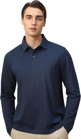 قمصان بولو للرجال من القطن كاجوال بأكمام طويلة ماصة للرطوبة، مقاس عادي in Kuwait