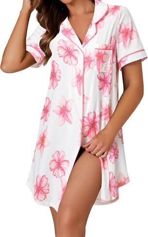 LYANER Women's Nightgown Short Sleeve Sleepwear Button Down Sleepshirt Collar V Neck Nightshirt in Kuwait