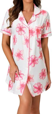 LYANER Women's Nightgown Short Sleeve Sleepwear Button Down Sleepshirt Collar V Neck Nightshirt in Kuwait