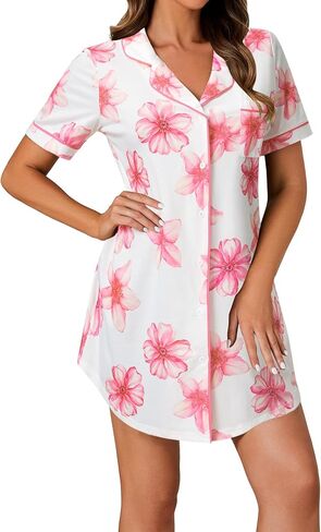 LYANER Women's Nightgown Short Sleeve Sleepwear Button Down Sleepshirt Collar V Neck Nightshirt in Kuwait