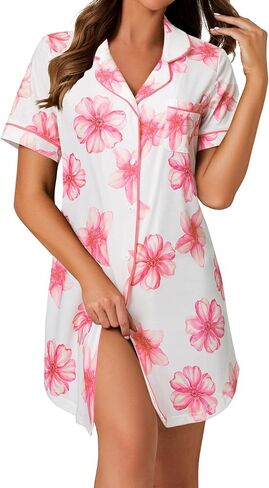 LYANER Women's Nightgown Short Sleeve Sleepwear Button Down Sleepshirt Collar V Neck Nightshirt in Kuwait