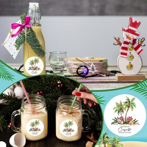Fulmoon 100 PCS عيد الميلاد coquito تسميات للزجاجات 2.3 "ملصقات زجاجة coquito coquito تسميات مع رسم من شجرة نخيل جوز الهند لتوريد حفلة عيد الميلاد المنزل (جولة) in Saudi Arabia
