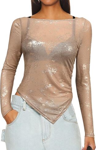 Womens Glitter Polka Dot Shirts Sparkly Puff Long Sleeve V Neck Tops Casual Smocked Cuff Tunic Tops in Kuwait