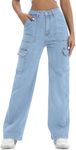 Women Cargo Jeans High Waist Y2K Straight Leg Trendy Stretchy Lightweight Jeans for Women in Kuwait
