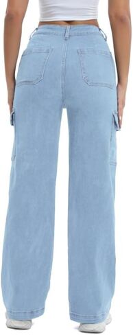 Women Cargo Jeans High Waist Y2K Straight Leg Trendy Stretchy Lightweight Jeans for Women in Kuwait