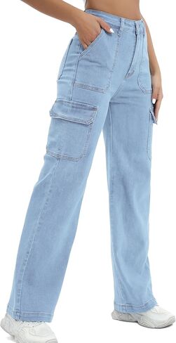 Women Cargo Jeans High Waist Y2K Straight Leg Trendy Stretchy Lightweight Jeans for Women in Kuwait