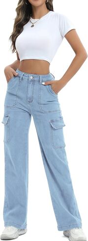 Women Cargo Jeans High Waist Y2K Straight Leg Trendy Stretchy Lightweight Jeans for Women in Kuwait
