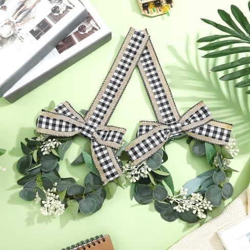 Syhood 2 Pieces 9" Mini Eucalyptus Wreath Artificial Spring Summer Greenery Wreath for Front Door Farmhouse Kitchen Cabinet Wreaths with Ribbon for Porch Wall Window Decor(Plaid Bow Style) in Saudi Arabia