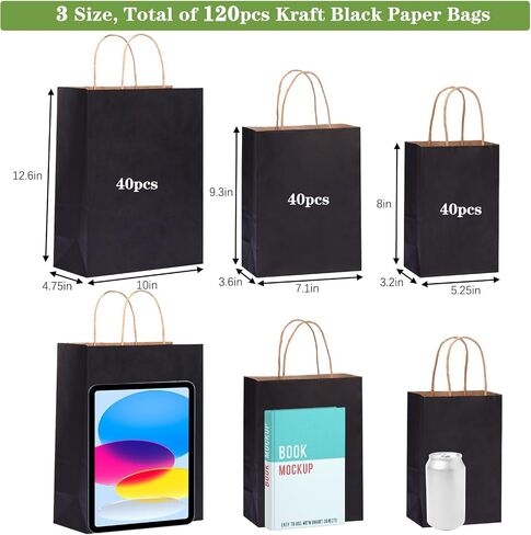 أكياس الورق السوداء 75pcs ذات الأحجام المتنوعة بأحجام متنوعة أكياس ورقية كرافت أكياس الهدايا بالتجزئة والبضائع والأعمال والتسوق والتسوق in Kuwait