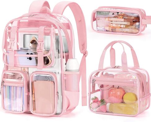 Fimibuke Clear Backpack for Girls - 3 PCS Heavy Duty Kids Clear Bags Schoolbag Large Transparent PVC Bookbag with Lunch Box Pencil Case Set for Travel School Concert Stadium Events Backpacks in Kuwait