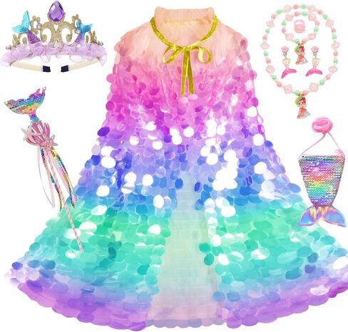 Princess Dress Up Toys Rainbow Mermaid Cape Kit 9 Pcs Gift Set for Little Girls 3-8 Years-Glitter Shiny Mermaid Scales Cape,Necklace, Bracelet,Ring,Earrings,Magic Wand in Saudi Arabia