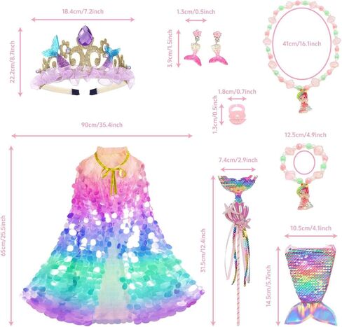 Princess Dress Up Toys Rainbow Mermaid Cape Kit 9 Pcs Gift Set for Little Girls 3-8 Years-Glitter Shiny Mermaid Scales Cape,Necklace, Bracelet,Ring,Earrings,Magic Wand in Saudi Arabia