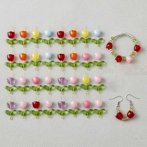 Logofun 200 PCS Tulip Flower Beads Glass Practelet Beads Colorful Clatectly Crystal Classy Lourdes for DIY Morn in Saudi Arabia