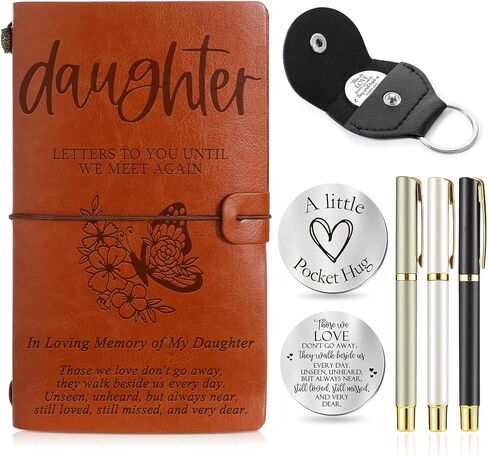 Fulmoon Memorial Gifts for Loss of Daughter Included 1 Grief Travel Diary Journal 1 Remembrance Pocket Hug 1 PU Leather Keychain 3 Ballpoint Pens Bereavement Gift for Loss of Daughter Gifts in Kuwait
