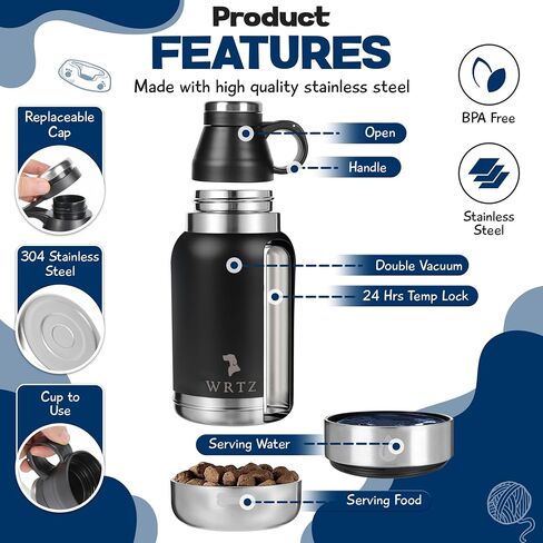 Stainless Steel Insulated Water Bottle with 2 Removable Water Bowls for Dogs – Leak-Proof Portable Dog Water Bottle - Travel Accessories for Dogs - 32oz - Blue in Saudi Arabia
