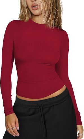 Women Long Sleeve T Shirts Crew Neck Ribbed Top for Women Going Out Workout Basic Tight Tee Fitted Cotton Tops in Kuwait