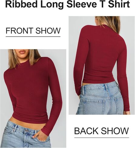 Women Long Sleeve T Shirts Crew Neck Ribbed Top for Women Going Out Workout Basic Tight Tee Fitted Cotton Tops in Kuwait