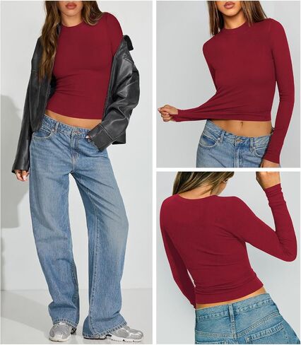 Women Long Sleeve T Shirts Crew Neck Ribbed Top for Women Going Out Workout Basic Tight Tee Fitted Cotton Tops in Kuwait