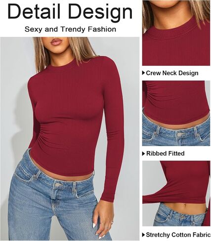 Women Long Sleeve T Shirts Crew Neck Ribbed Top for Women Going Out Workout Basic Tight Tee Fitted Cotton Tops in Kuwait