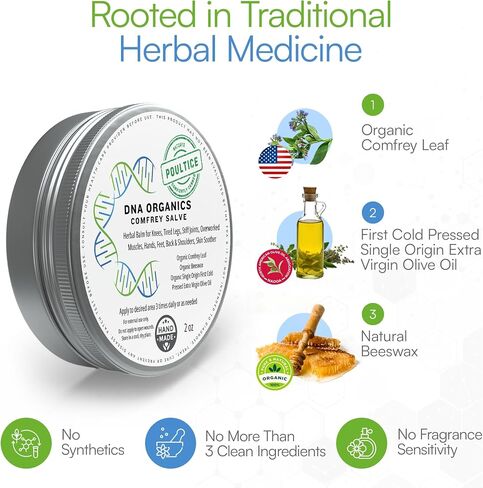 DNA Organics Comfrey Salve – Herbal Balm for Muscles, Knees & Joints – Organic, Handcrafted, Slow Infused, No Fillers – Scent-Free – for Dry Skin & Post-Workout Care – 4oz in Saudi Arabia
