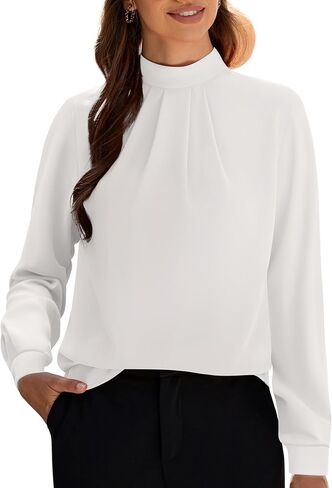 فونلينجو للسيدات الطويل الأكمام الطويلة قماشية غير رسمية عن الرقبة الصخرية بلوزة السقوط العصري الأمامي مطوي القمصان تونك شيفون in Kuwait