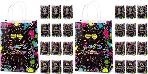 Nezyo 24 Pack Neon Bags Themed Let's Glow in Dark Party Favor Thank You for Glowing with Me Goodie Bags with Handle for Retro 80s 90s Birthday Halloween Party Decoration Supplies in Kuwait