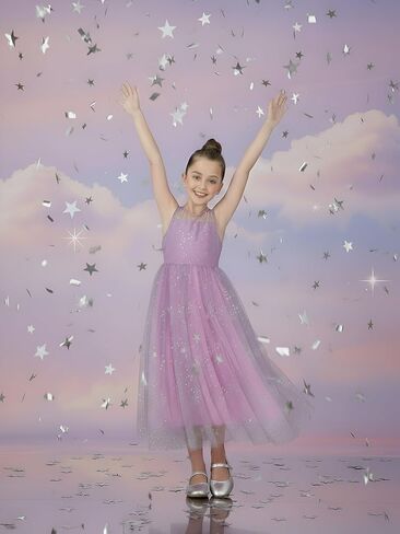 2Bunnies Girls’ Sparkle Star Mesh Illusion Neck A-Line Tulle Maxi Dress in Kuwait
