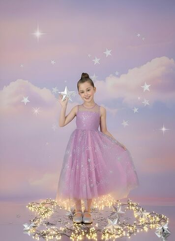 2Bunnies Girls’ Sparkle Star Mesh Illusion Neck A-Line Tulle Maxi Dress in Kuwait