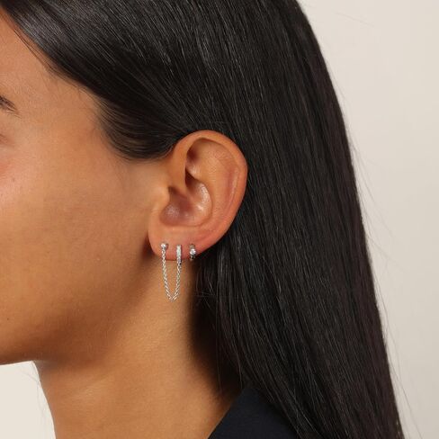 Lavari Jewelers Lab Grown Diamond Chain Huggie Hoop and Stud Single Earring for Women - 18k Yellow Gold Plated Sterling Silver Double Piercing Earring for Her (F-G, VS1-VS2, 0.077 cttw) Hinged Hoop in Kuwait