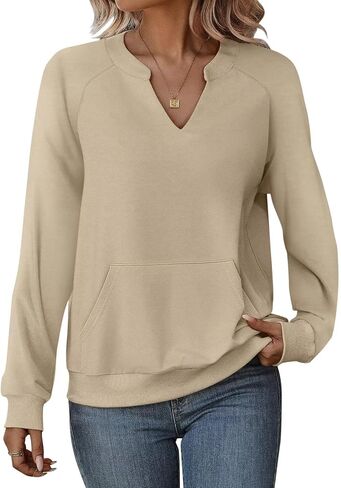 EADINVE Womens V Neck Sweatshirts with Pockets Fleece Pullover Casual Loose Fit Long Sleeve Tops Fall Clothes 2025 in Saudi Arabia