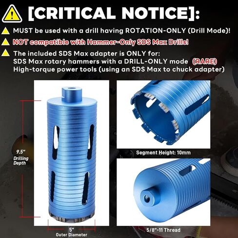 2 1/2" Dry Core Drill Bit, 5/8"-11 Thread, with 3 Adapters Included: SDS Plus, SDS Max and 1/2" Hex Shank; 9.5" Drill Depth, 2.5 inch Diamond Core Bits for Brick, Block and Masonry in Saudi Arabia