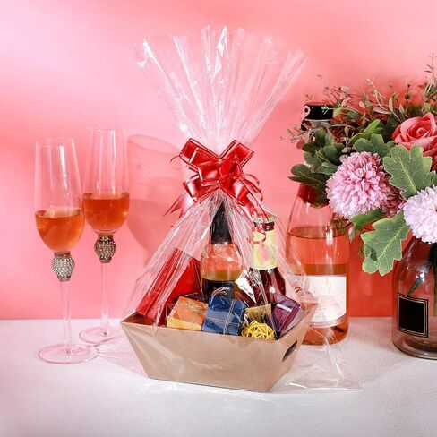 50 Pcs Empty Gift Basket Set 12 Basket for Gifts Empty Kraft Market Tray Cardboard Basket with Handles, 18 Bags, and 20 Multicolor Bows for Wedding Birthday Easter, 8 x 6 x 3 Inches in Saudi Arabia
