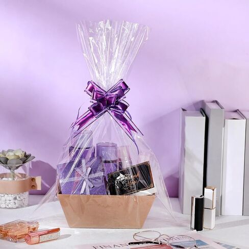 50 Pcs Empty Gift Basket Set 12 Basket for Gifts Empty Kraft Market Tray Cardboard Basket with Handles, 18 Bags, and 20 Multicolor Bows for Wedding Birthday Easter, 8 x 6 x 3 Inches in Saudi Arabia