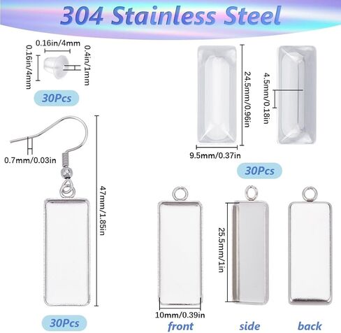 1 Box 20Pcs Black Bezel Earring Blanks 10x25mm Earring Bezel Trays Rectangle Pendant Bezel Blanks with Glass Cabochons Settings Stainless Steel Earring Hooks Accessories for Jewelry Making in Saudi Arabia