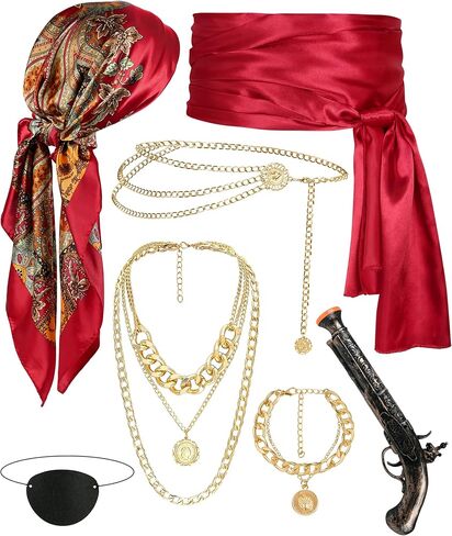 مجموعة ملحقات القراصنة للسيدات - باندانا القراصنة ، حزام وشاح أحمر ، مجوهرات ذهبية ، رقعة العين لأزياء القراصنة in Kuwait