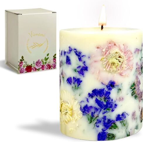 Tropical Rare Flower Scented Pillar Candle Gift for Women - Long Burning Natural Soy Wax Scented Candle for Home - Gift-Boxed Hand Poured Luxury Candle with Dried Flowers (Forget Me Not) in Saudi Arabia